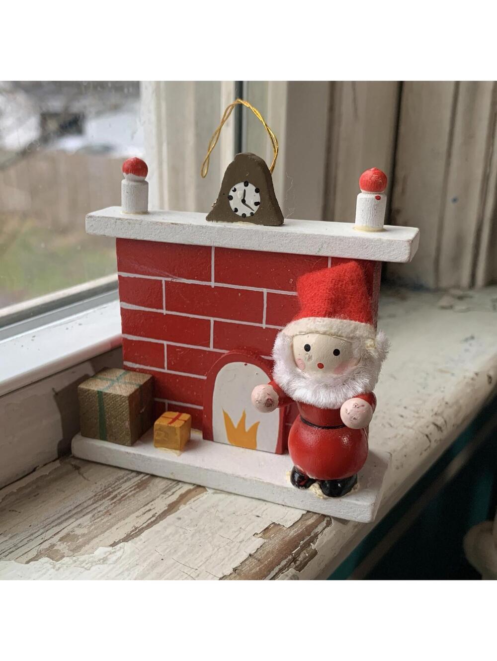 Vintage Santa Fireplace Wood Christmas Tree Ornament 1970's Scandanavian Style
